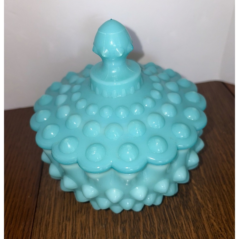Fenton Blue Turquoise Hobnail Milk Glass 1950's Powder Candy Jar Vintage